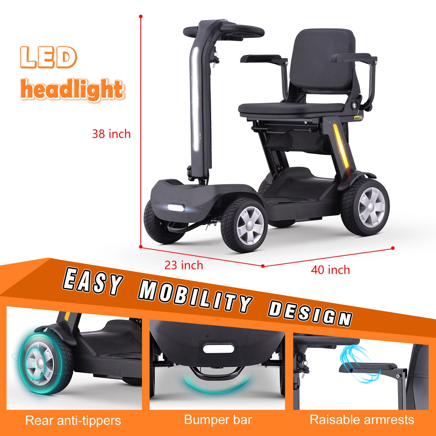 Senior Mobility Scooter 4-Wheel Foldable Electric Scooter for Adults, Lightweight & Portable with LED Lights, Storage Bag & Charger Included, Ready to Use for Travel