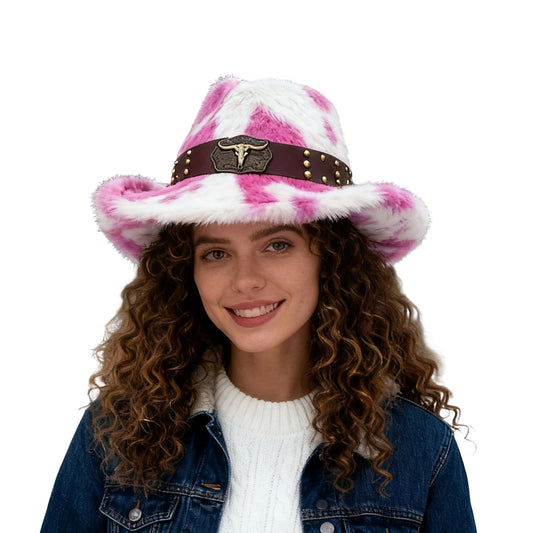Warm Plush Fuzzy Cowgirl Hat with Bull Head Belt - Unisex Western /H Cow Spot Jazz Cap for Rodeo, Ranch, Themed Parties | Hand Washable for men & women