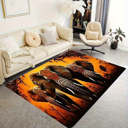 3-Elephant African Tribal Mat - Large Rectangular Floor Mat with Warm Brown/Beige/Black/Orange/ Golden/Gray Tones, Non-Slip Machine Washable Polyester Mat for Living Room, Bedroom, Entryway, Patio - Modern African Decor for H