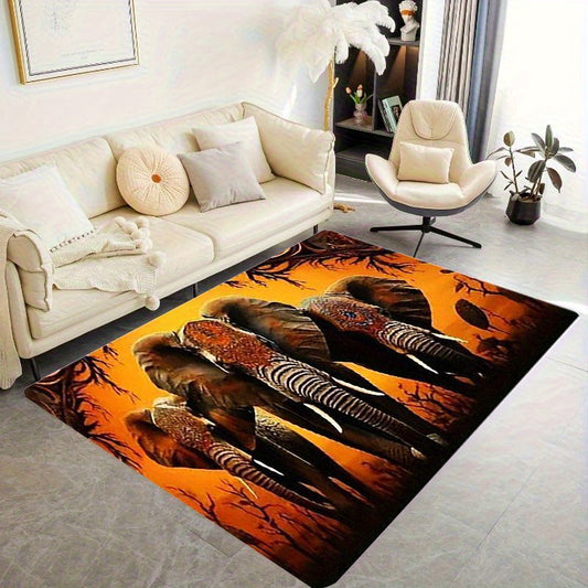 3-Elephant African Tribal Mat - Large Rectangular Floor Mat with Warm Brown/Beige/Black/Orange/ Golden/Gray Tones, Non-Slip Machine Washable Polyester Mat for Living Room, Bedroom, Entryway, Patio - Modern African Decor for H