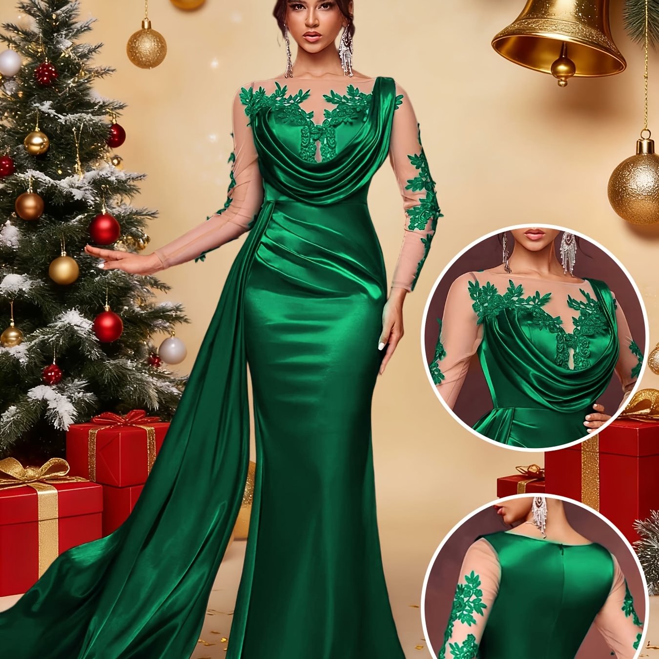 Elegant Long Ladies' Gown with Lace Detail | Solid Color, Contrast Mesh, Long Sleeve, Gown Hem, Ideal for Christmas, Birthday, Graduation, Travel