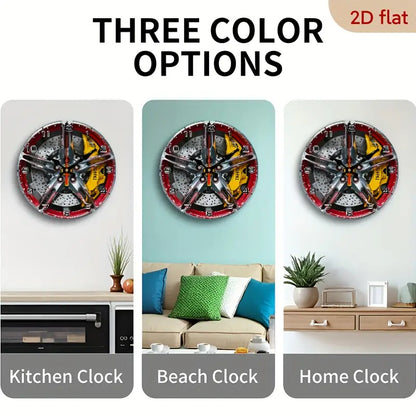 The 2D flat decorative plaque wall clock with the theme of "Exquisite car wheel hub" is equipped with a silent quartz movement. It is an ideal choice for wall decoration and also an excellent gift for birthdays, fireworks, Ch