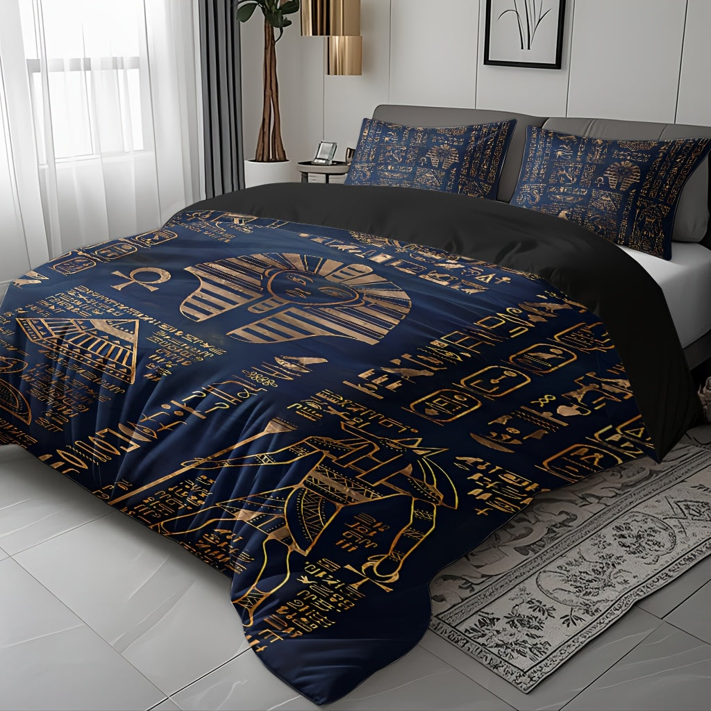 Ancient Egyptian Symbols Duvet Cover Set - Soft High-Definition Digital Print, Blue Polyester, Includes Duvet Cover And Pillowcases, All-Season Use, Perfect Gift For Family And Friends, Machine Washable, Easy Care