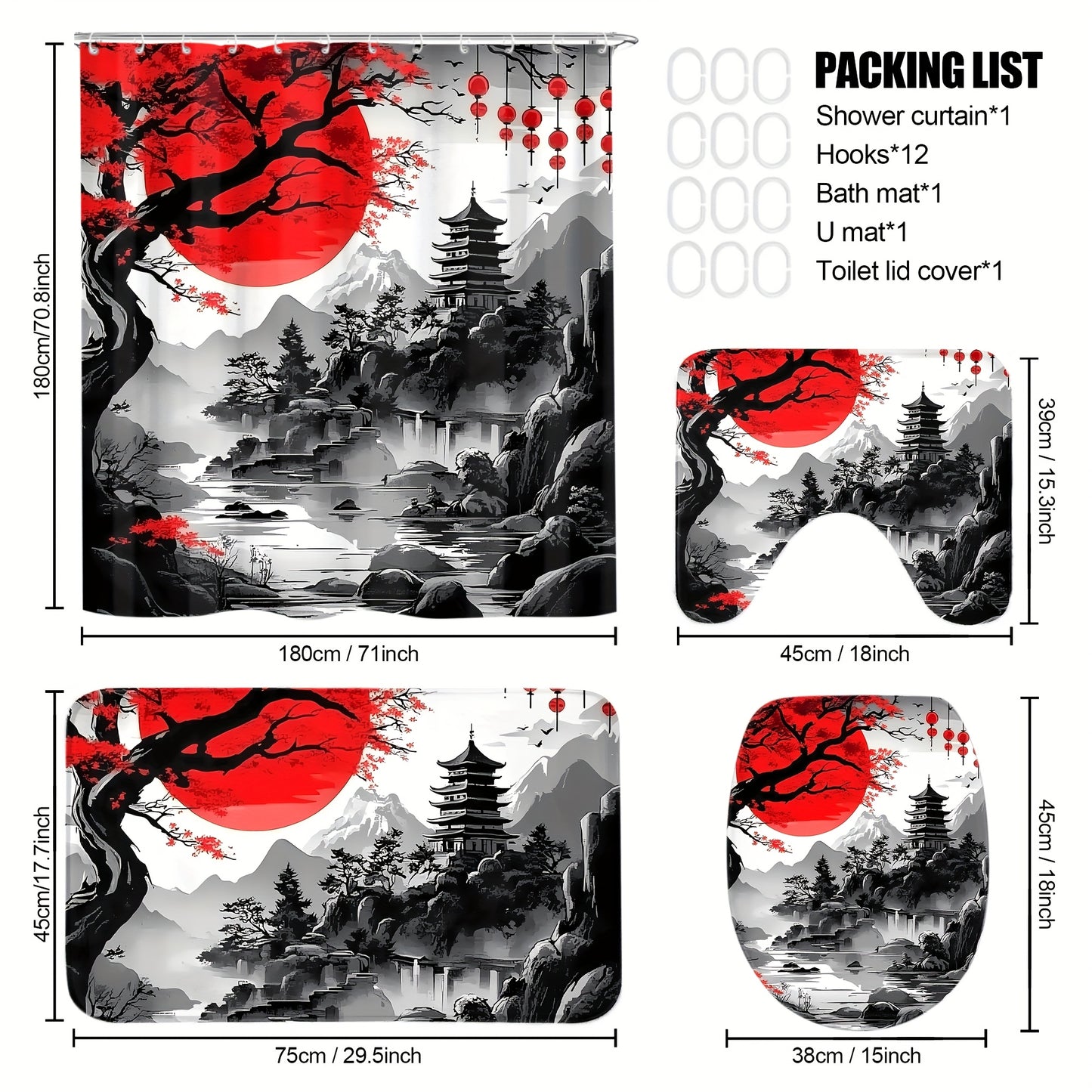 4pcs Japanese Cherry Blossom Mountain Landscape Shower Curtain Set, Black & Red Ink Wash Style with Sun, Tree, And Floral Design, Includes 12 Hooks, Toilet Lid Cover, Non-Slip U-Shaped Mat, Rugs, Traditional Asian Bathroom Ac
