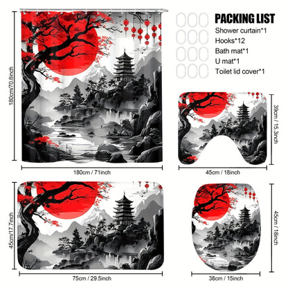 4pcs Japanese Cherry Blossom Mountain Landscape Shower Curtain Set, Black & Red Ink Wash Style with Sun, Tree, And Floral Design, Includes 12 Hooks, Toilet Lid Cover, Non-Slip U-Shaped Mat, Rugs, Traditional Asian Bathroom Ac