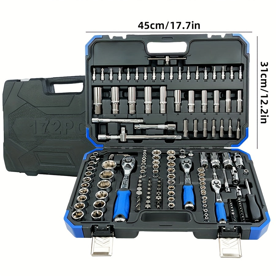 172/45pcs Professional Auto Repair Kit, Ratchet Wrench Set, Torque Wrench, 1/2 *1/4" 3/8" Drive Depth And Standard Sleeve, Auto Repair And Household Machine Tool Set, Suitable for Car And Bicycle Repair Tools