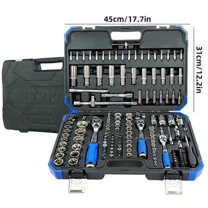 172/45pcs Professional Auto Repair Kit, Ratchet Wrench Set, Torque Wrench, 1/2 *1/4" 3/8" Drive Depth And Standard Sleeve, Auto Repair And Household Machine Tool Set, Suitable for Car And Bicycle Repair Tools