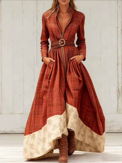 Western Retro Plaid Dress, Stand-up Collar, Zipper, Bohemian Ethnic Print, Fitted Waist, Full Skirt, with Pockets.