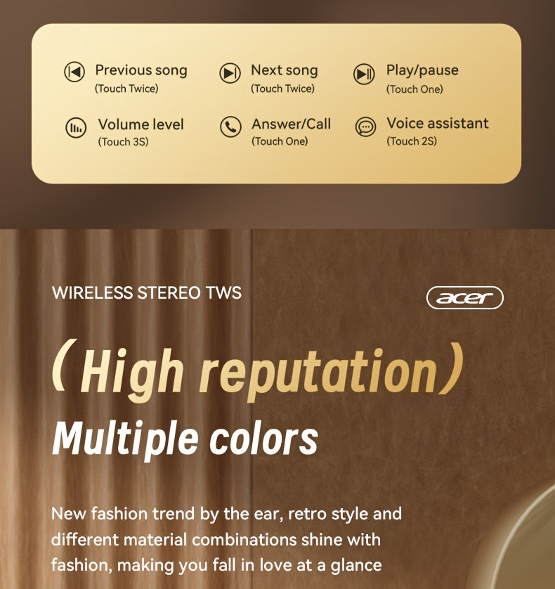 [Acer] 2025 new model back-to-school season TWS Wireless Headset Heavy Bass Stereo + Talking Noise Cancellation Ultra Long Lasting Sports Running In-Ear Low Latency Gaming Mode HIFI Audio Lightweight Touch Design Stylish Desi