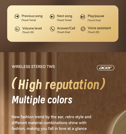 [Acer] 2025 new model back-to-school season TWS Wireless Headset Heavy Bass Stereo + Talking Noise Cancellation Ultra Long Lasting Sports Running In-Ear Low Latency Gaming Mode HIFI Audio Lightweight Touch Design Stylish Desi
