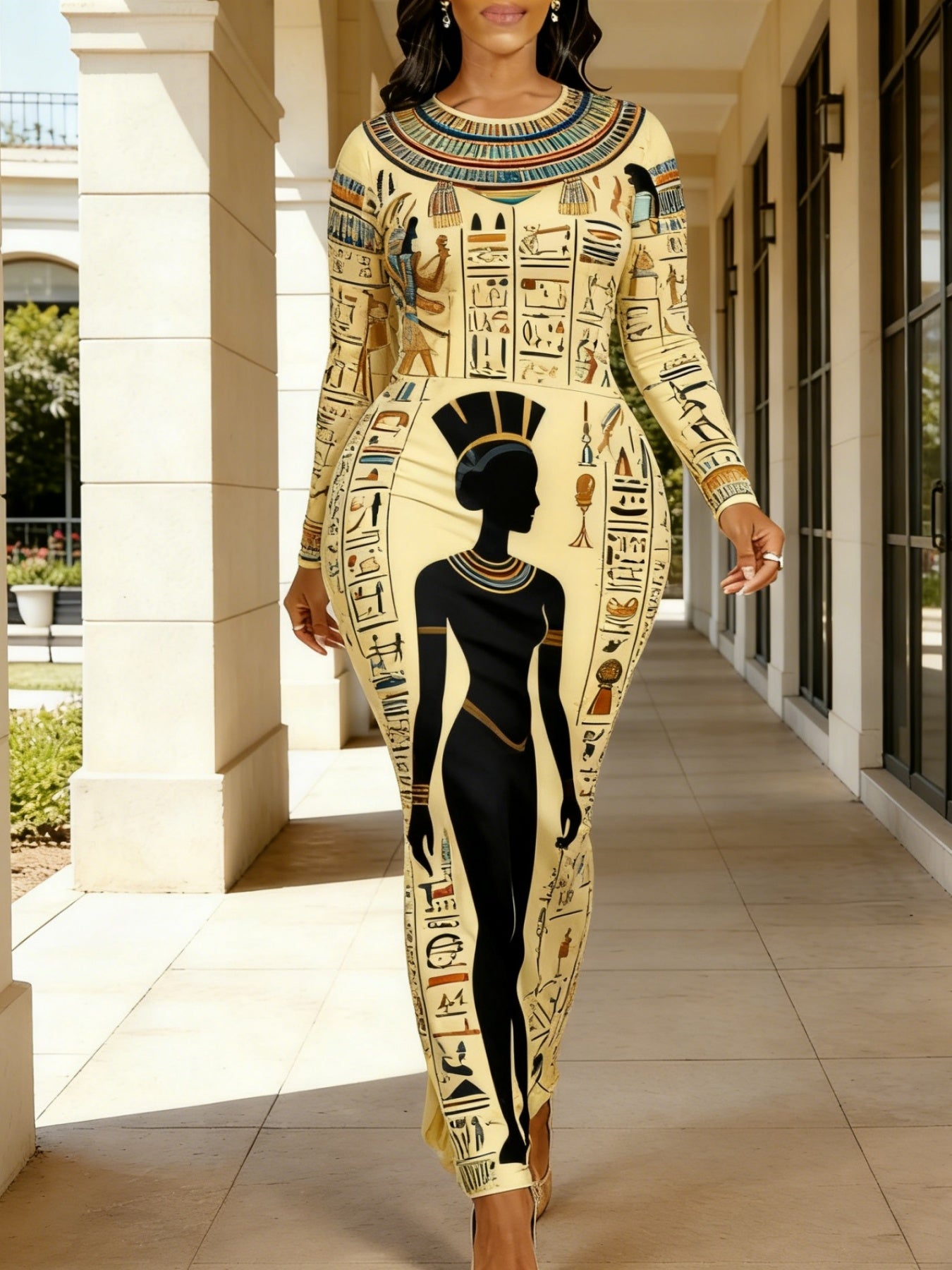 [Women's Dress] Spring/Summer Women's Long-Sleeved Bodycon Dress, African Batik Geometric Print, Elastic Waist for a Flattering Figure, Ethnic Style Outfit for Holidays and Parties, 2026 Early Spring New Arrival