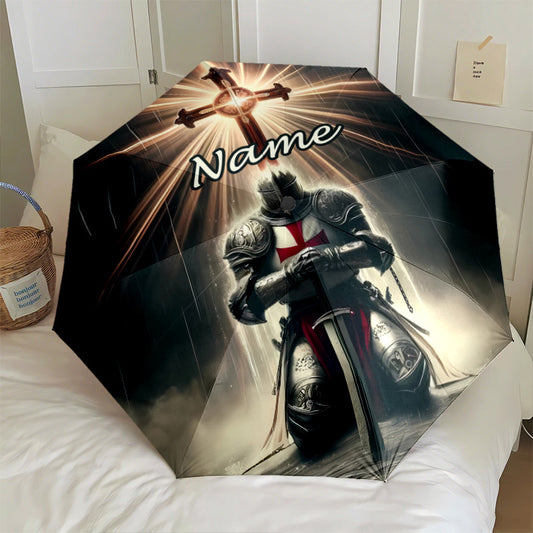 Personalized Medieval Knight Templar Umbrella - Name/Text, Automatic Open/Close, Heavy-Duty 8-Rib Windproof Design, Medieval-Themed Gift for History Buffs, Knights, Birthday or Christmas Present - Portable Travel Umbrella for