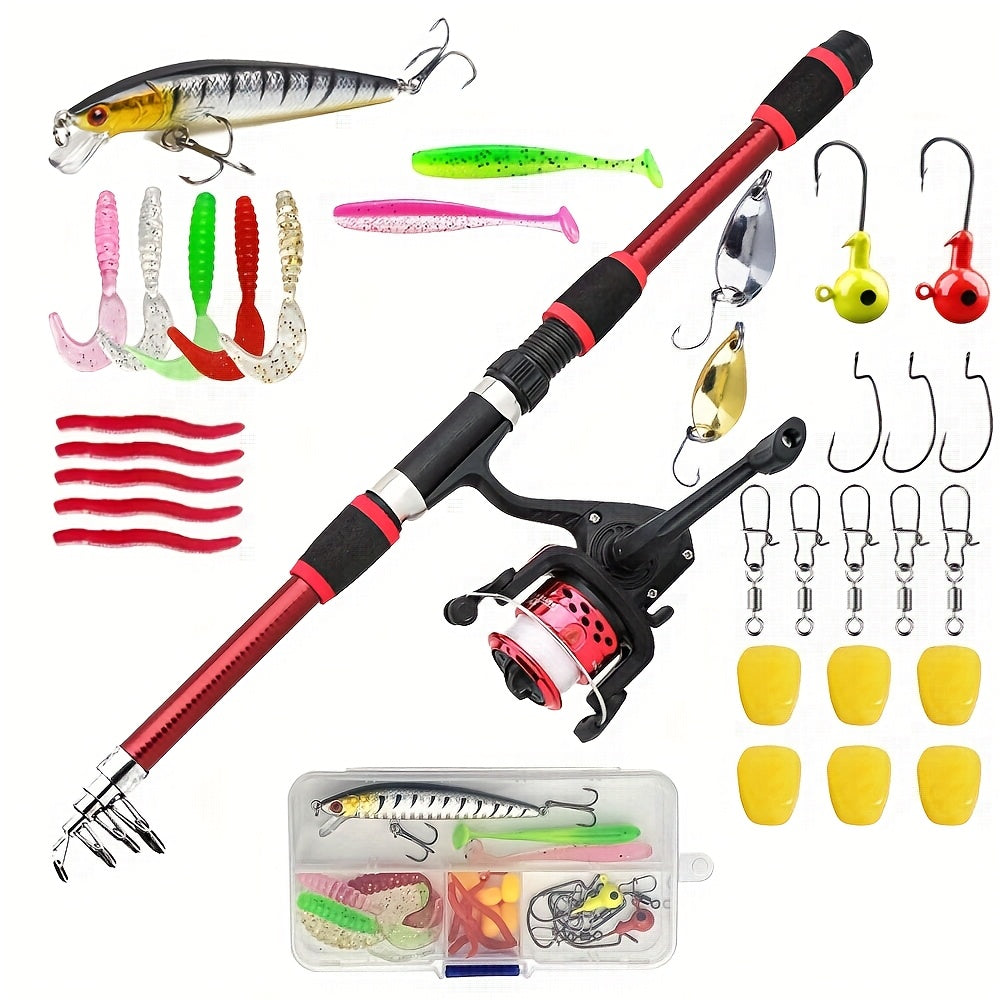[Spinning Fishing Combo] Telescopic Spinning Fishing Rod and Reel Combo | 1.8m Rod with 5.2:1 3BB Reel, Max Drag 5kg - Full Fishing Accessories Kit Set