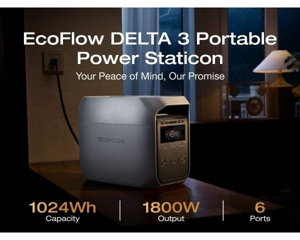 EcoFlow Portable Power Station DELTA 3 Classical (160W Solar Panel SKU Optional), 1024Wh LiFePO4 Battery, 1800W AC Output with X-Boost technology, 1 Hr Fast Charge, Solar Power Bank For Home or Outdoors Use