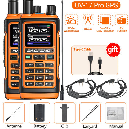 2Pack BAOFENG UV-17 PRO GPS Ham Radio Long Range Handheld Upgraded Of UV-17R Walkie Talkie NOAA Weather Receiver Copy Frequency USB Charging 999 Channels Two Way Radio For Hunting Fishing Gear And Equipment