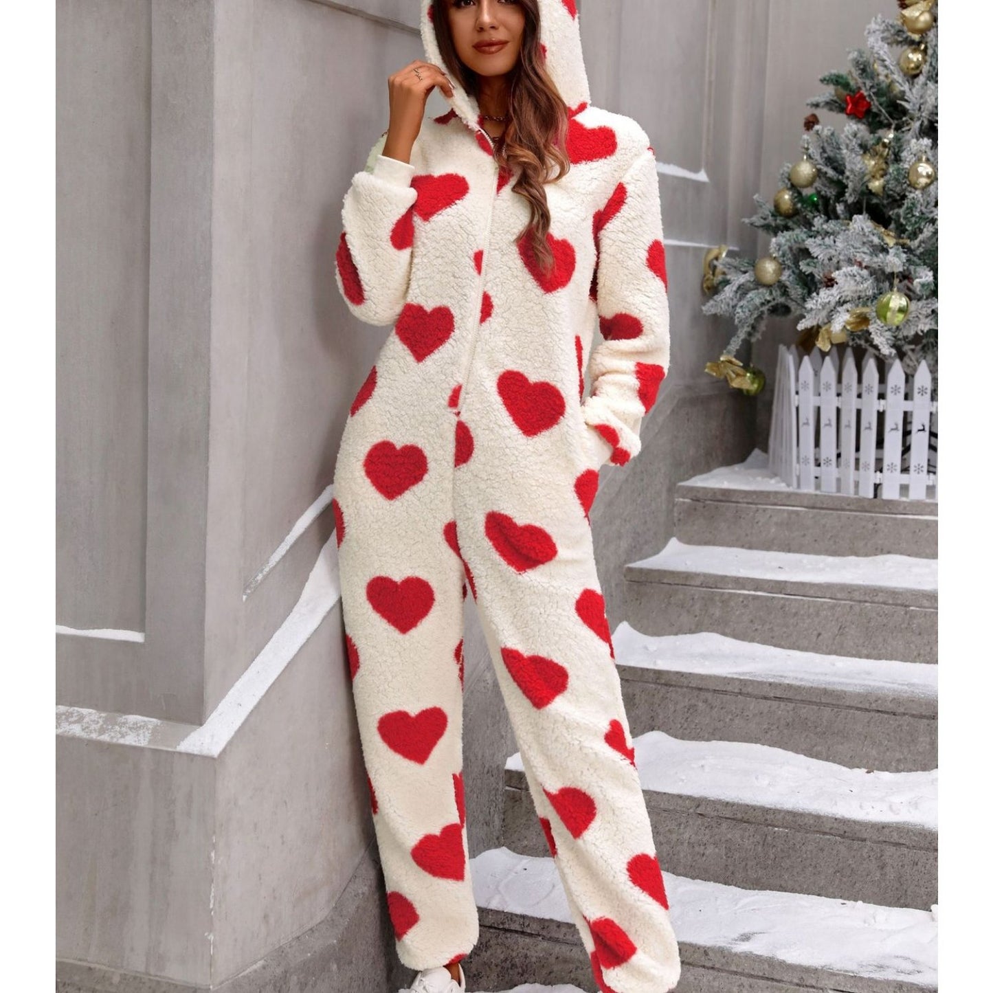 ' Plush Bodysuit - Cozy Hooded -Neck Jumpsuit, Winter Warm Clothing Suitable for Christmas, Machine Washable Solid Color Clothing (No Parts)