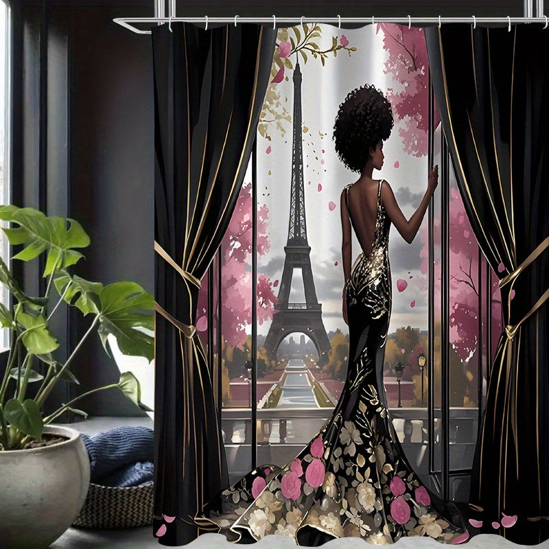 2D 1pc/4pcs Featuring The Eiffel Tower Design, Suitable for Apartment Bathrooms And Shower Rooms, Includes a Hotel Shower Curtain Set with 12 Hooks, a Bathroom Mat, a Toilet Seat Cover, And a U-Shaped Mat, All As Part of The