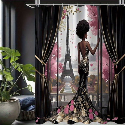 2D 1pc/4pcs Featuring The Eiffel Tower Design, Suitable for Apartment Bathrooms And Shower Rooms, Includes a Hotel Shower Curtain Set with 12 Hooks, a Bathroom Mat, a Toilet Seat Cover, And a U-Shaped Mat, All As Part of The