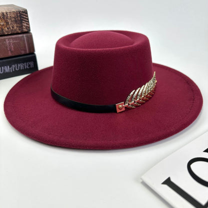 1pc Women'S Retro Wide-Brimmed Fedora Hat with Metal Crescent & Black Leather-like Band - Vibrant Orange/Red/Green/Black/Navy Blue/Purple/White - Elegant Non-Stretch Design for Autumn Winter, Music Festivals, Christmas & Dail