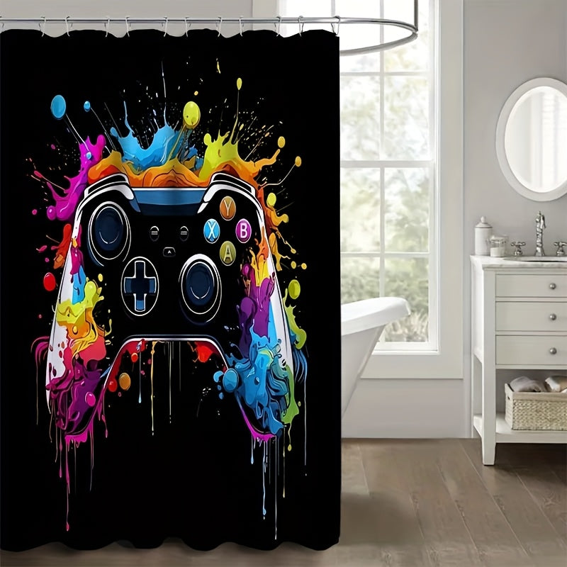 1/4pcs Game Controller Pattern Shower Curtain Four Piece Set, Including Waterproof Shower Curtain, Anti Slip Floor Mat, Toilet Seat Cover, And U-shaped Mat Shower Curtain Set, Twelve Hooks, Bathroom Accessories, Holiday Gifts