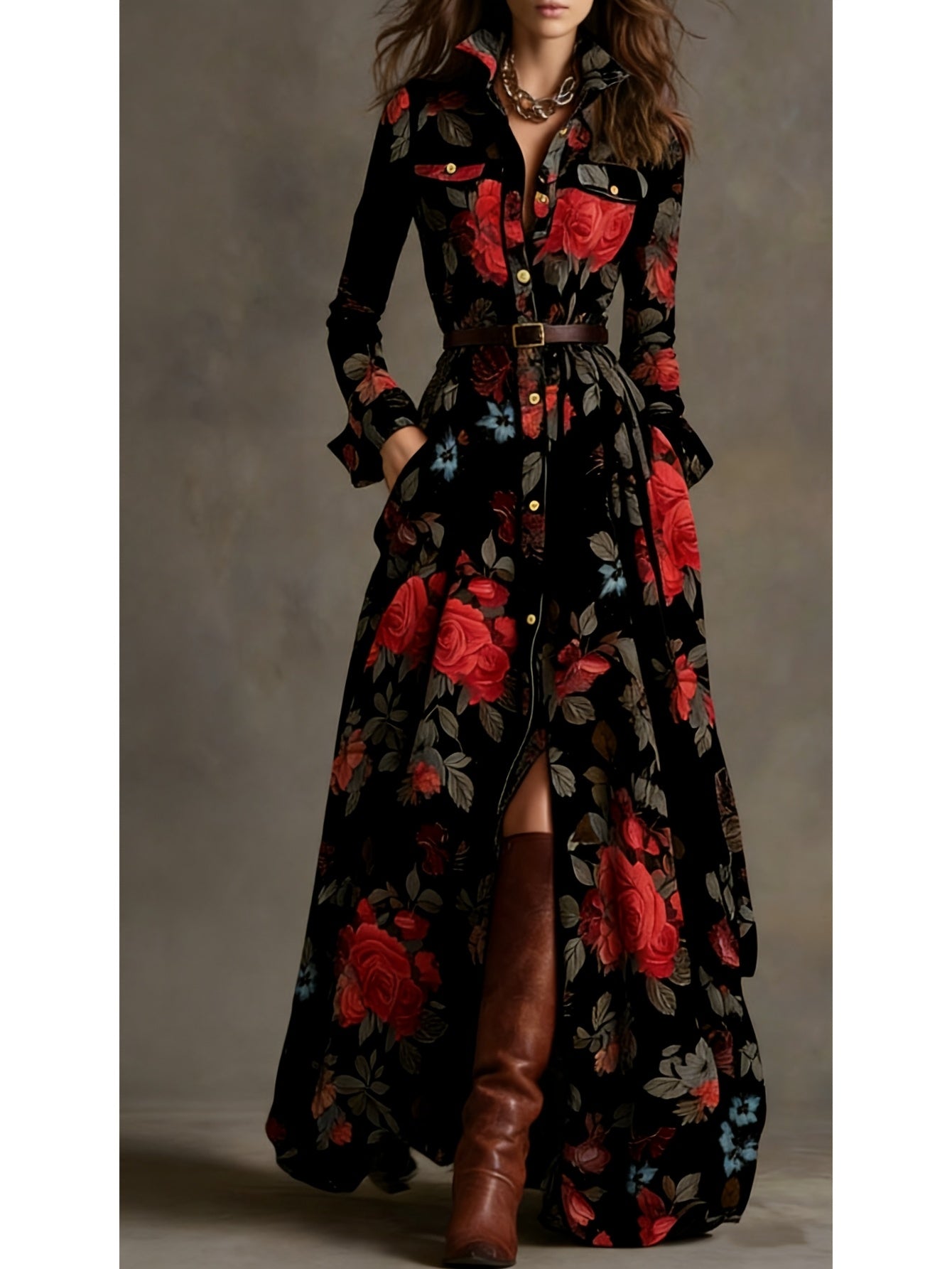 Women'S Black-Based Pink & Brown Rose Print Waist-Cinched Maxi Dress | Retro Elegant Style, Suitable for Luxury Social Events, Formal Occasions, and Daily Streetwear