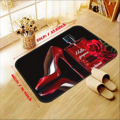 1pc Fashion-Themed High-Heel Shoe & Perfume Bottle Design Door Mat - Absorbent Microfiber, Machine Washable Polyester Rug for Bathroom, Bedroom, Living Room Entrance, Shoe