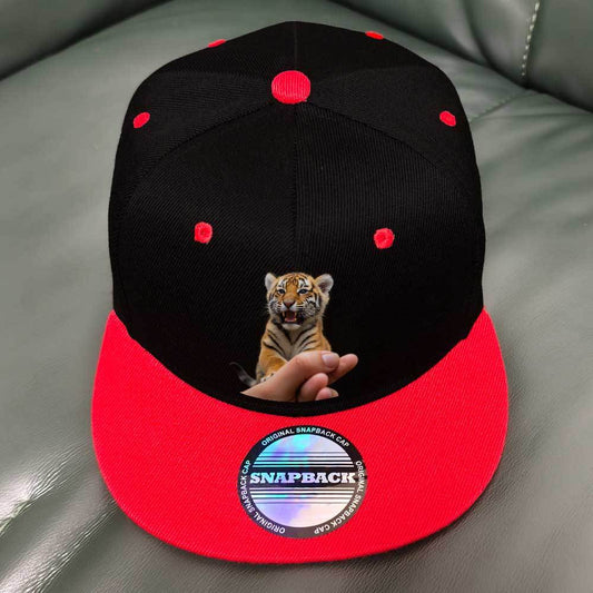 Vintage-Inspired Snapback Baseball Cap with Adorable Tiger Cub Print - Black & Red, Breathable Polyester, Adjustable Snapback Closure, Lightweight & Stylish for Outdoor Activities, Outdoor Headwear | Vintage Snapback | Lightw