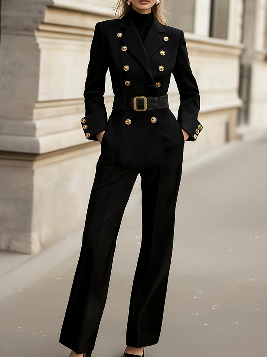Women'S Elegant Black Pantsuit - Formal & Casual Business Outfit with Double Button Front, Structured Wide-Leg Trousers, All-Season Professional Attire for Office, Events, Casual Attire - Women'S Formal Pantsuit, Office Wear,
