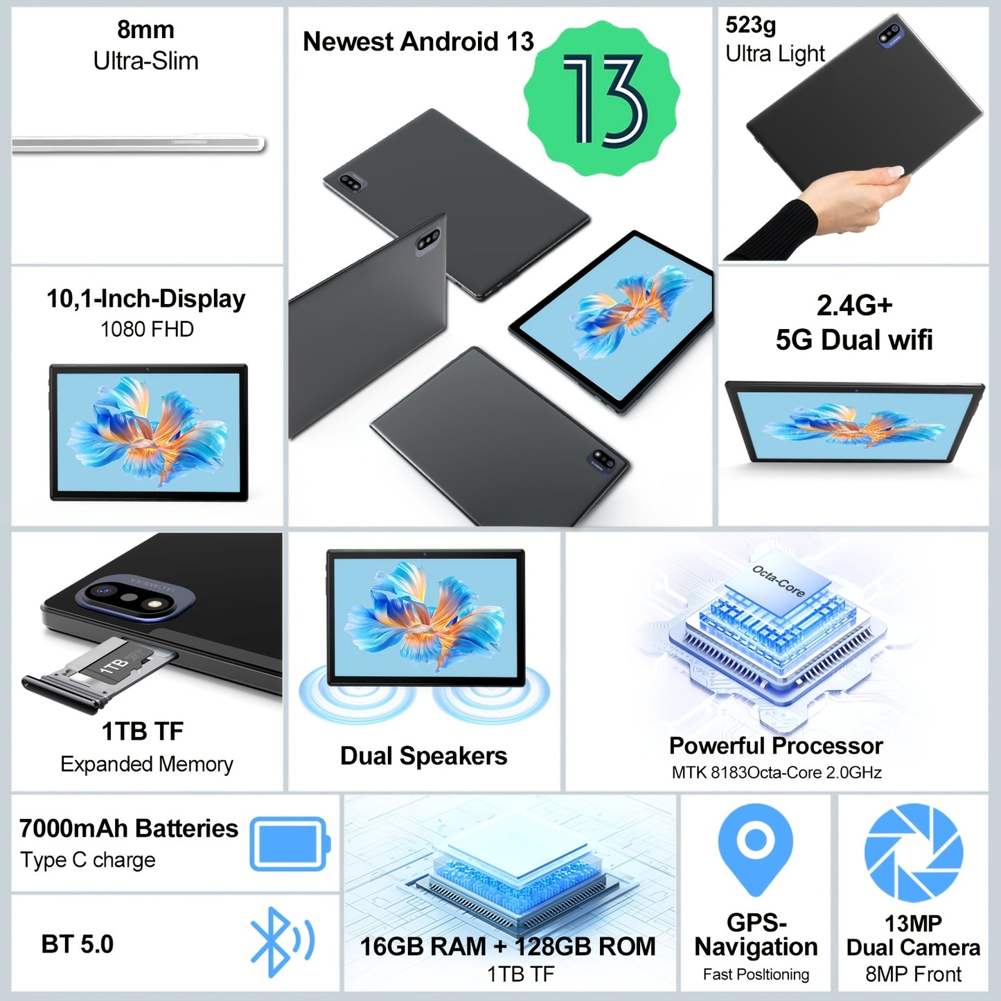 Latest Tablet Android 13 Tablet, 5G/2.4G WiFi6 BT 5.0, 16GB RAM+256GB ROM+1TB Expand Octa-Core Tablets PC, 2in 1 Tablet with Keyboard Mouse Case Stylus, Powerful Octa-Core+13MP+8MP Camera, 1280*800 IPS HD Screen, Black