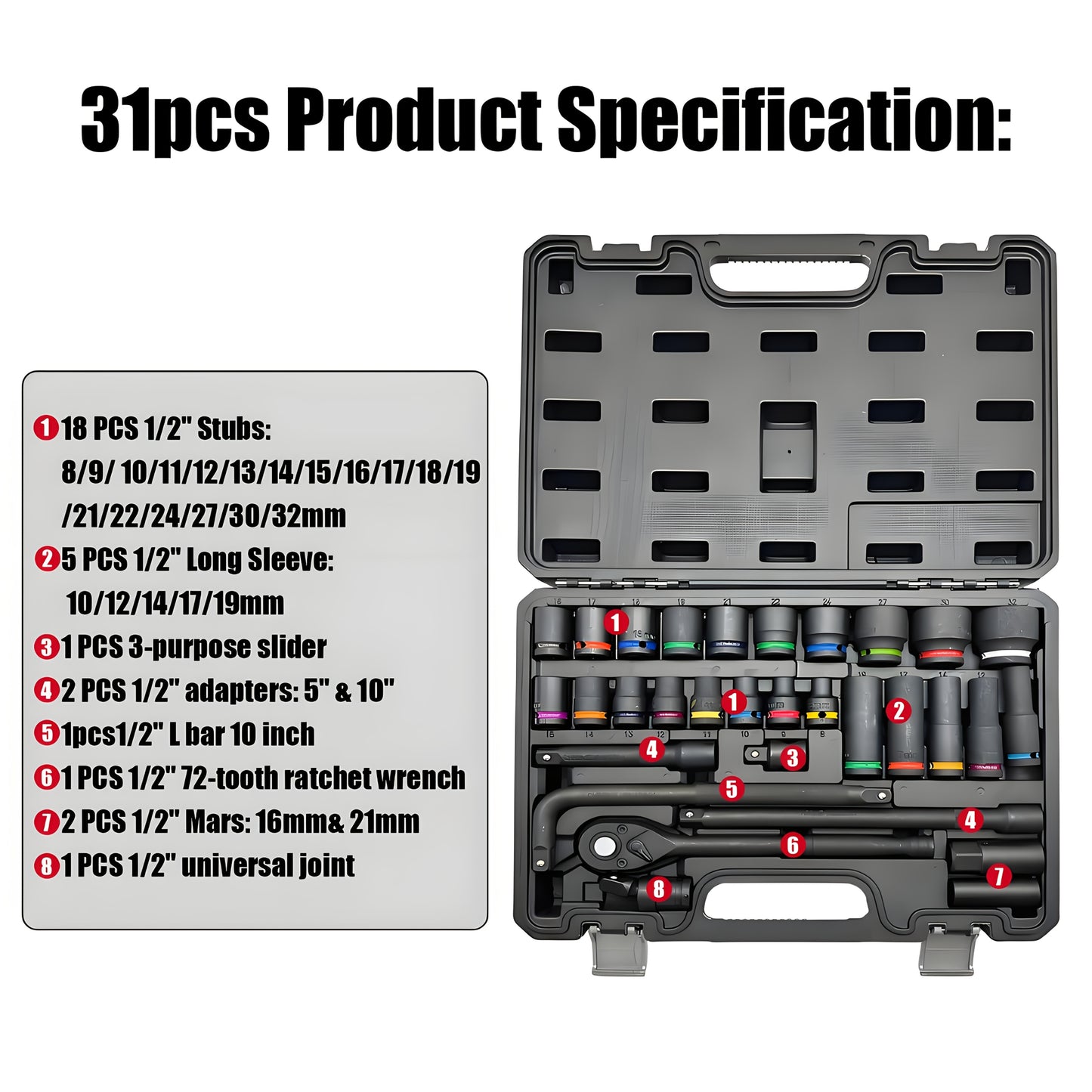 31pcs Heavy-Duty Pneumatic Tool Set with 1/2" Drive Thick-Walled Sockets, Air- Impact Wrench & Extended Tire Sockets - Fit for Car, Truck, Motorcycle, ATV, Repair - Professional Mechanic Tool Kit (No)
