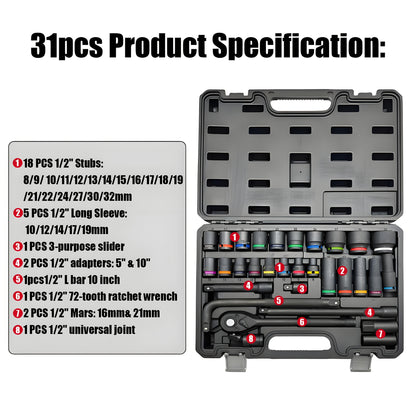 31pcs Heavy-Duty Pneumatic Tool Set with 1/2" Drive Thick-Walled Sockets, Air- Impact Wrench & Extended Tire Sockets - Fit for Car, Truck, Motorcycle, ATV, Repair - Professional Mechanic Tool Kit (No)