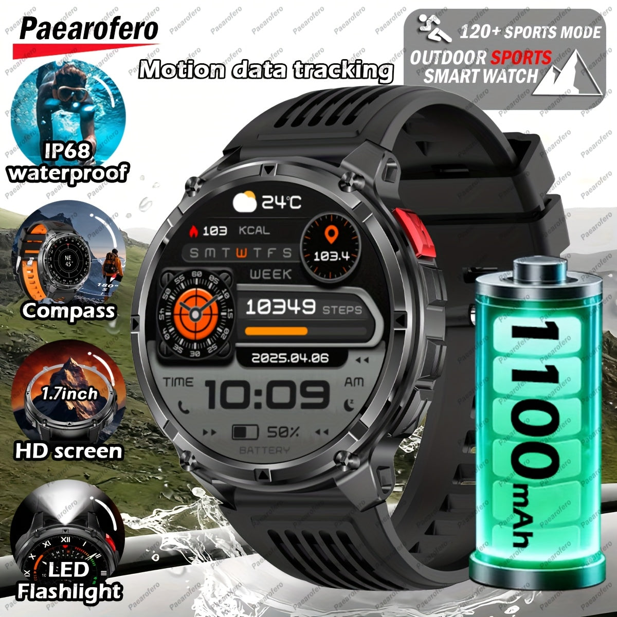 2025 Men's smart watch, 1.7-inch HD display, 1100mAh large-capacity battery, 90-day standby time, outdoor compass, wireless call, LED flashlight, 200+ dials, voice assistant, Men's watch, 120+ sports modes, fitness tracker wa