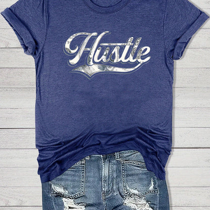 Women'S Casual "Hustle" Graphic Tee - Red Short Sleeve Round Neck T-Shirt with White Artistic Lettering, Lightweight Polyester Blend, Relaxed Fit for Spring & Summer, Casual Summer Wear | Comfortable Fit