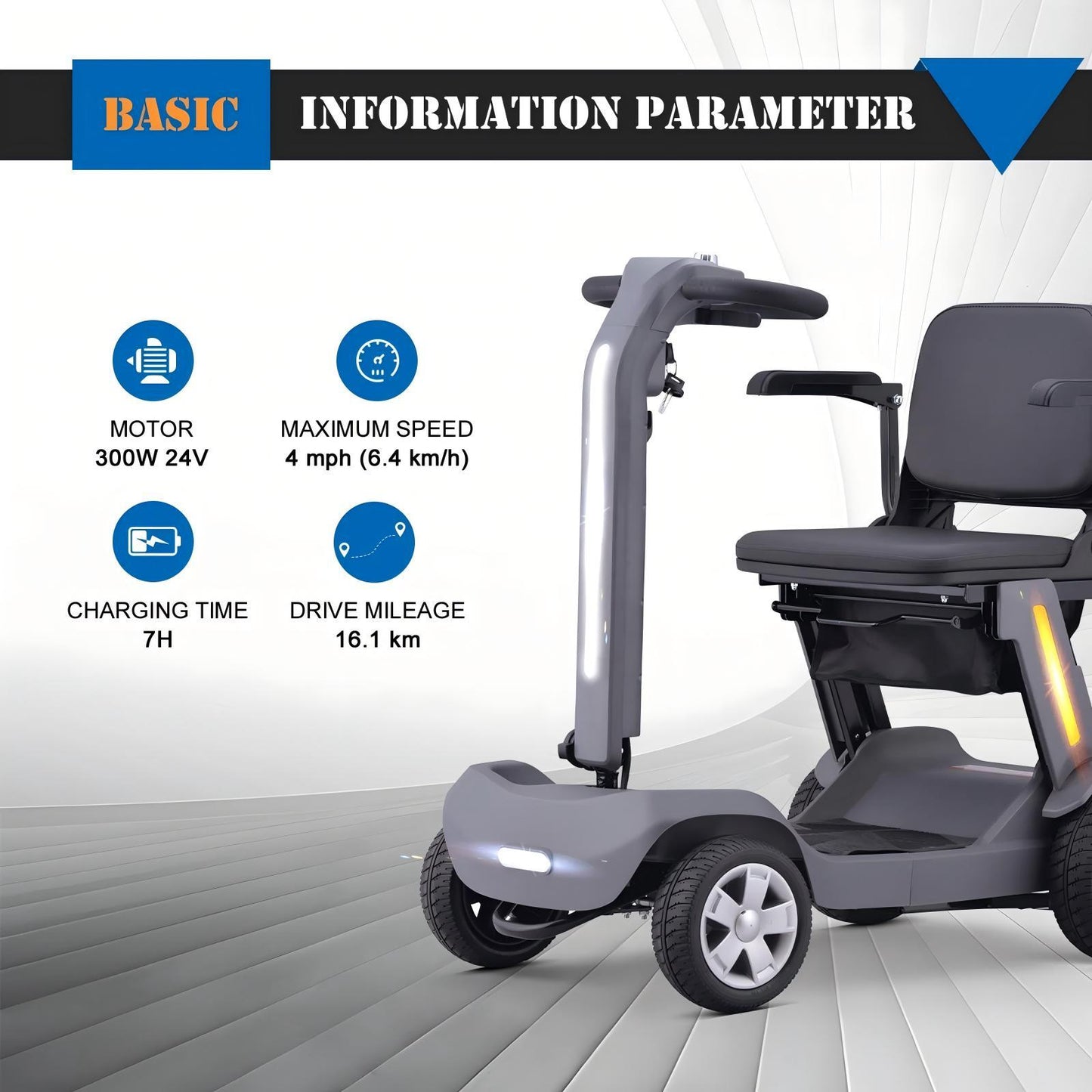 Foldable Mobility Scooter for Adults & Senior, 4 Wheels Powered Device for Travel, Lightweight and Portable, with LED Strip Light, Storage Bag, Charger Included, No Assemble Required