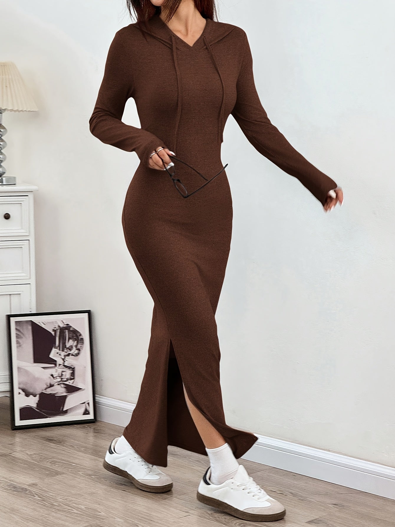 Spring and Autumn New Hooded Long Cross Knee Casual Fashion Dress | Solid Color, Long Sleeve, Bodycon Fit, Slit Hem