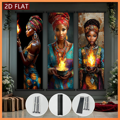 2D/ FLAT-3pcs African flame women wall murals, African women holding flame containers and wearing exquisite jewelry, high-definition high-quality printing, ink artwork poster, suitable for living room, bedroom, office decorat