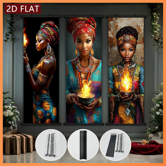2D/ FLAT-3pcs African flame women wall murals, African women holding flame containers and wearing exquisite jewelry, high-definition high-quality printing, ink artwork poster, suitable for living room, bedroom, office decorat