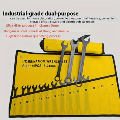 14pcs Industrial-Grade Dual-Purpose Combination Wrench Set - Ultra-Thin 3mm Thick, Manganese Steel, Interchangeable Box-End & Open-End, Durable & Wear-Resistant, Ideal for Home Decor, Outdoor Maintenance, and Electric Vehicle