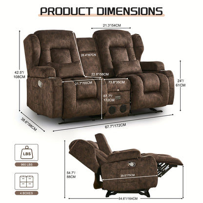 68" Rocker Recliner Loveseat Sofa with Console - Manual Reclining Rocking Chair, Faux Leather, USB Outlets & Side Pockets, Metal Frame, 110-240V Plug Powered