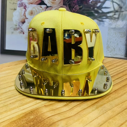 Punk Style Men'S Baseball Cap, 100% Polyester Lightweight Flat Brim Hat with Alphabet Pattern and Embellishments, Non-Stretch Fabric