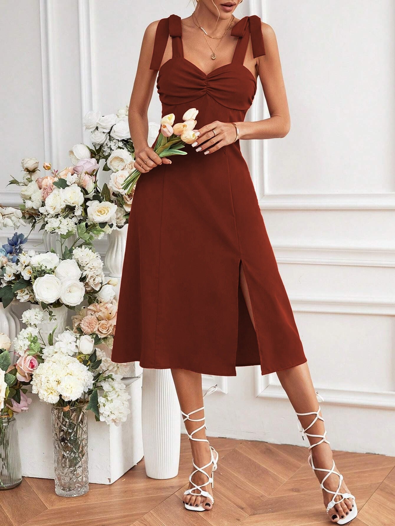 Line -Neck Shimmer Midi Dress - Front Ruching & Side Slit Waist-Defining Dress Suitable for Date Night, Spring/Summer Wedding Guest Dress - Machine Washable Solid Color Elegant Dress