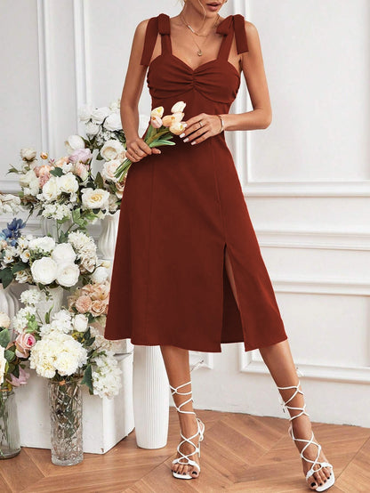 Line -Neck Shimmer Midi Dress - Front Ruching & Side Slit Waist-Defining Dress Suitable for Date Night, Spring/Summer Wedding Guest Dress - Machine Washable Solid Color Elegant Dress