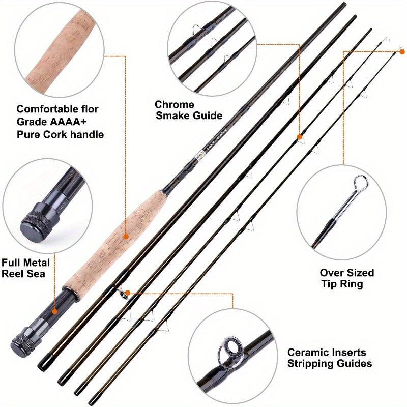 TOPFORT Fly Fishing Rod and Reel Combo Starter Kit, 4 Pie Lightweight UltraPortable Graphite Fly Rod Complete Starter Package with Carrier Bag