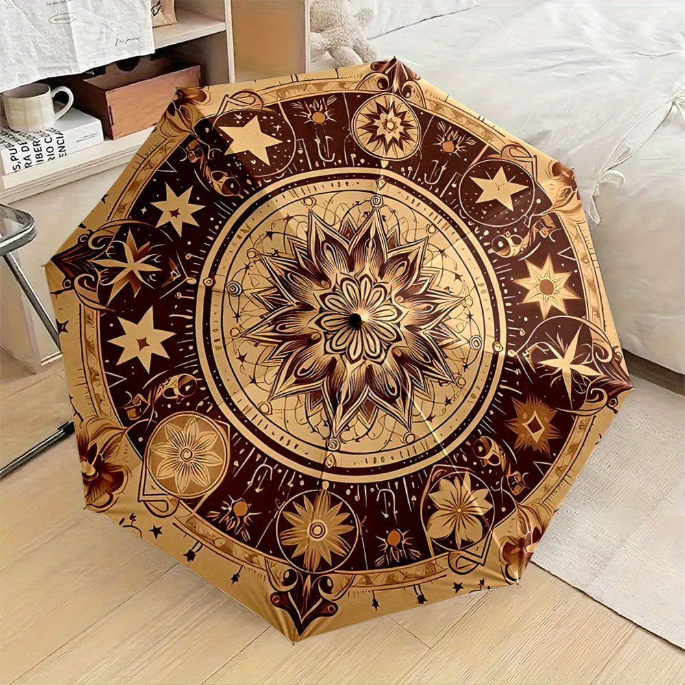 Automatic Folding Umbrella The umbrella features a large, intricate mandala-like star pattern in Golden and brown tones. Portable collapsible design, casual outdoor accessory, Christmas birthday festival gift, Mini Umbrella,