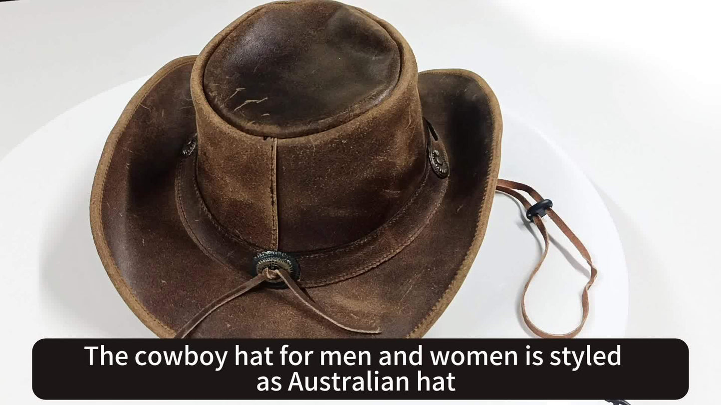 Shapeable Leather Cowboy Hat Into Outback Hat Western Vintage Australian Hats for Men & Women, Festival Unisex Outdoor, High Quality &, Handcrafted Headwear-Stitching, Lightweight Top-Grain Leather, Brass Studs, Adjustable Ch