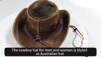 Shapeable Leather Cowboy Hat Into Outback Hat Western Vintage Australian Hats for Men & Women, Festival Unisex Outdoor, High Quality &, Handcrafted Headwear-Stitching, Lightweight Top-Grain Leather, Brass Studs, Adjustable Ch