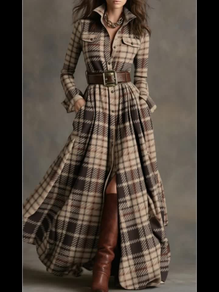 Women's Brown-Toned Plaid Women's Brown-Tan Plaid - Belted Shirt Maxi Dress | Retro Utility Style - Suitable for Daily Outings, Light Retro Looks - aShirt Maxi Dress | Retro Utility Style - Suitable for Daily Outings, Light R