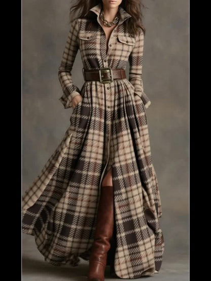 Women's Brown-Toned Plaid Women's Brown-Tan Plaid - Belted Shirt Maxi Dress | Retro Utility Style - Suitable for Daily Outings, Light Retro Looks - aShirt Maxi Dress | Retro Utility Style - Suitable for Daily Outings, Light R