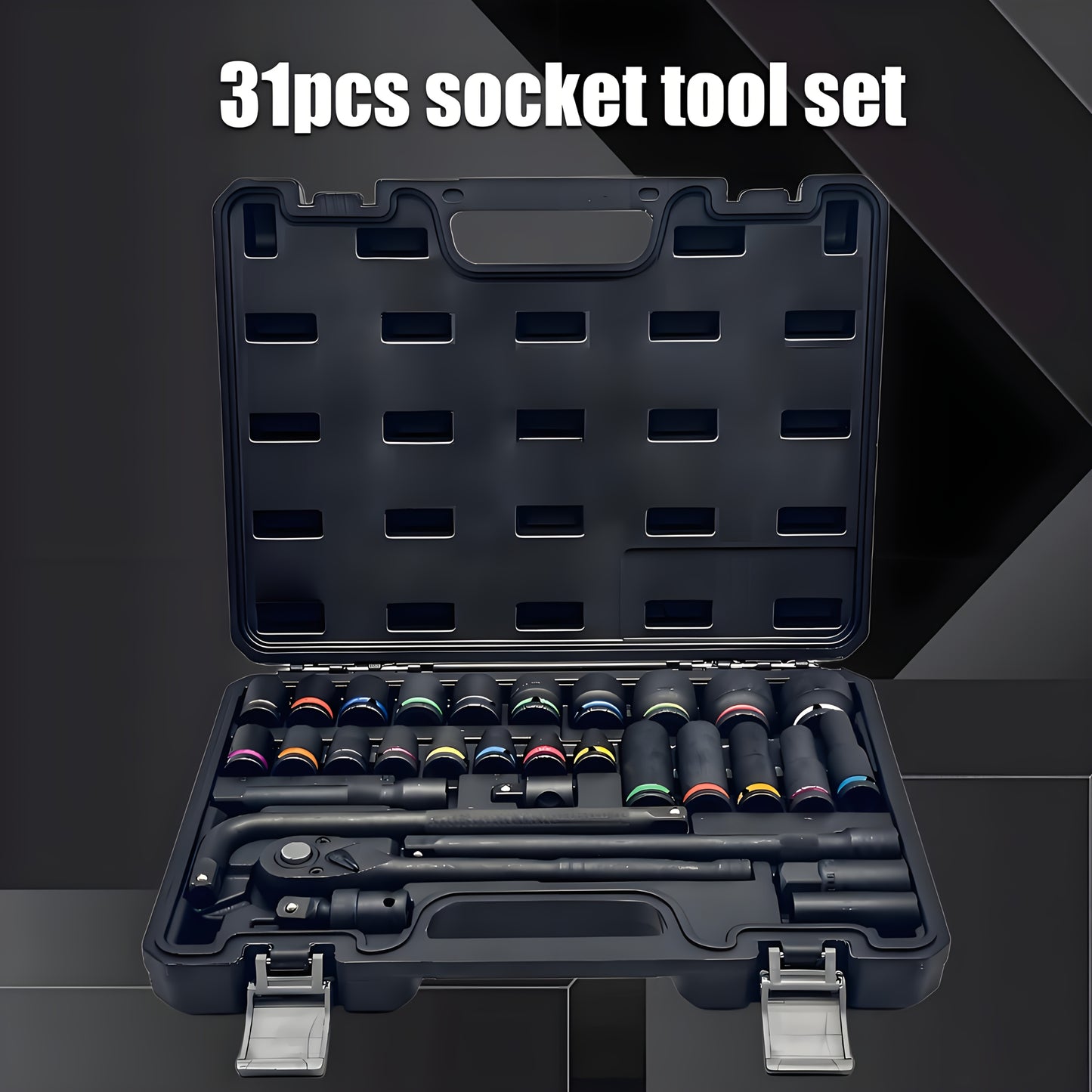 31pcs Heavy-Duty Pneumatic Tool Set with 1/2" Drive Thick-Walled Sockets, Air- Impact Wrench & Extended Tire Sockets - Fit for Car, Truck, Motorcycle, ATV, Repair - Professional Mechanic Tool Kit (No)
