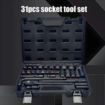 31pcs Heavy-Duty Pneumatic Tool Set with 1/2" Drive Thick-Walled Sockets, Air- Impact Wrench & Extended Tire Sockets - Fit for Car, Truck, Motorcycle, ATV, Repair - Professional Mechanic Tool Kit (No)